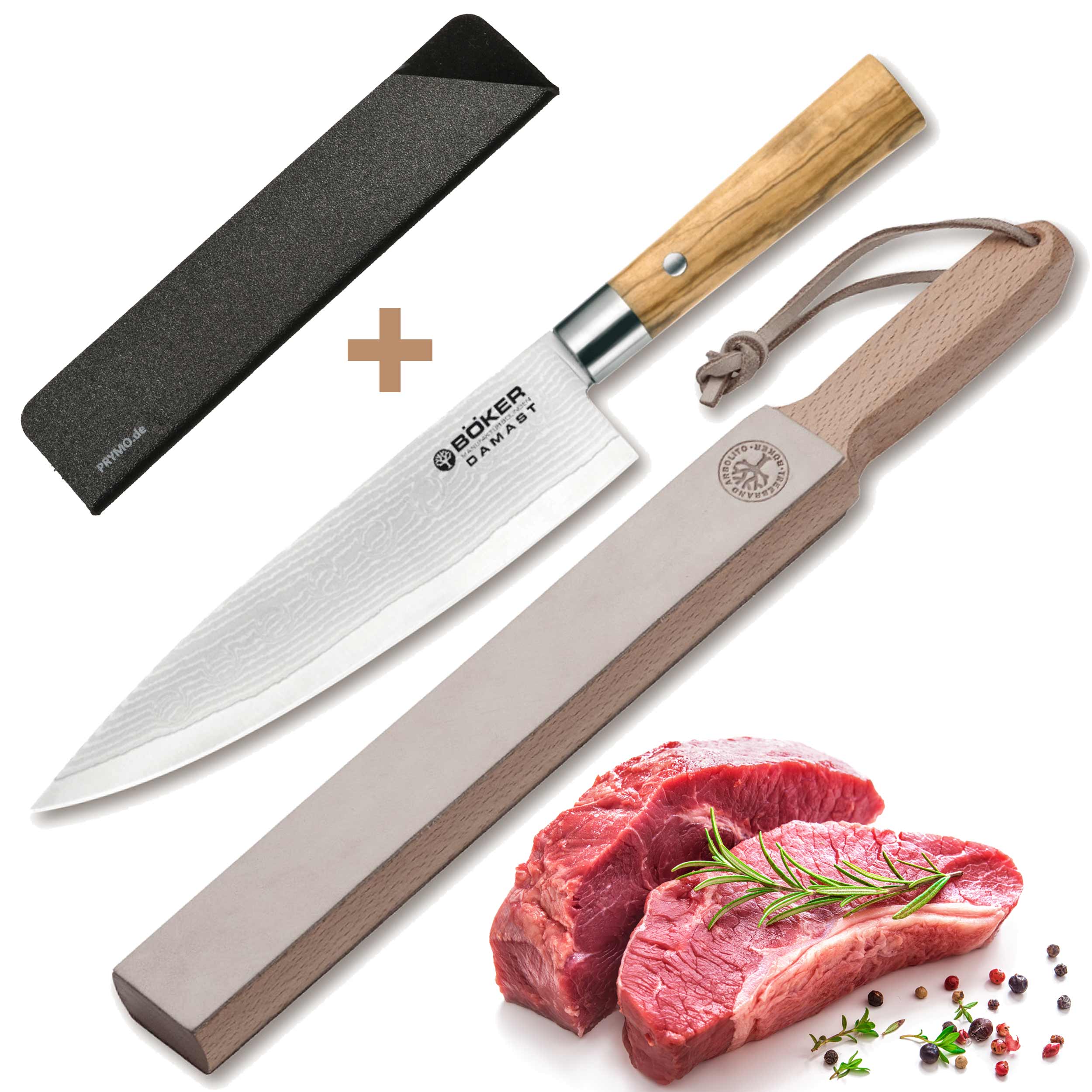 Böker Damast Olive Kochmesser mit Streichriemen