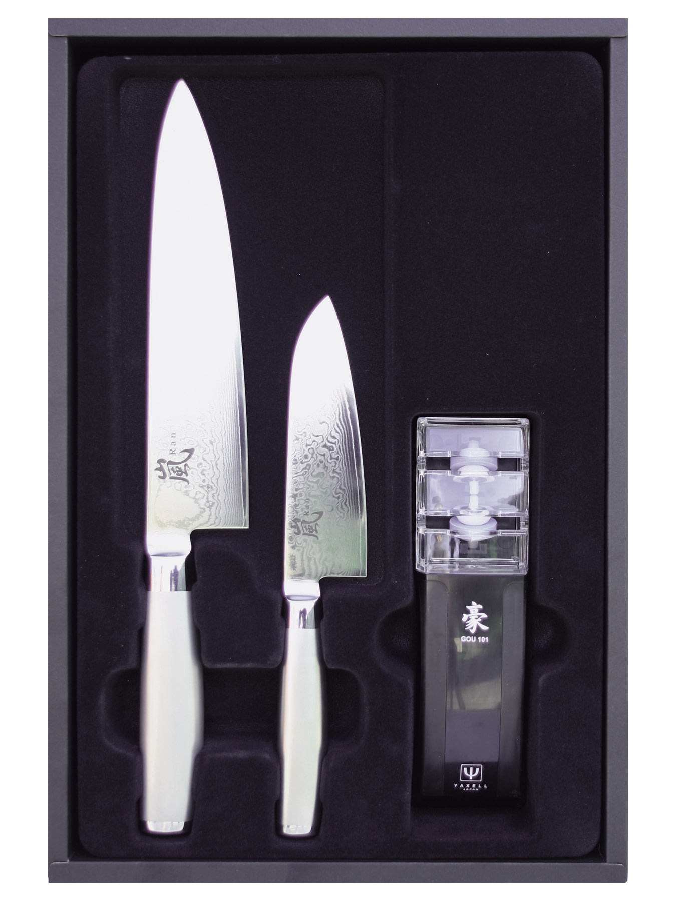 Yaxell RAN 33 Set Kochmesser, Santoku und Gousharp PRO Schleifer
