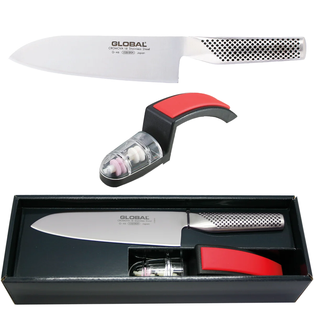 Global G-46220 Starterset G-46 Santoku und MinoSharp Schleifer Yoshikin Knife with Grinder
