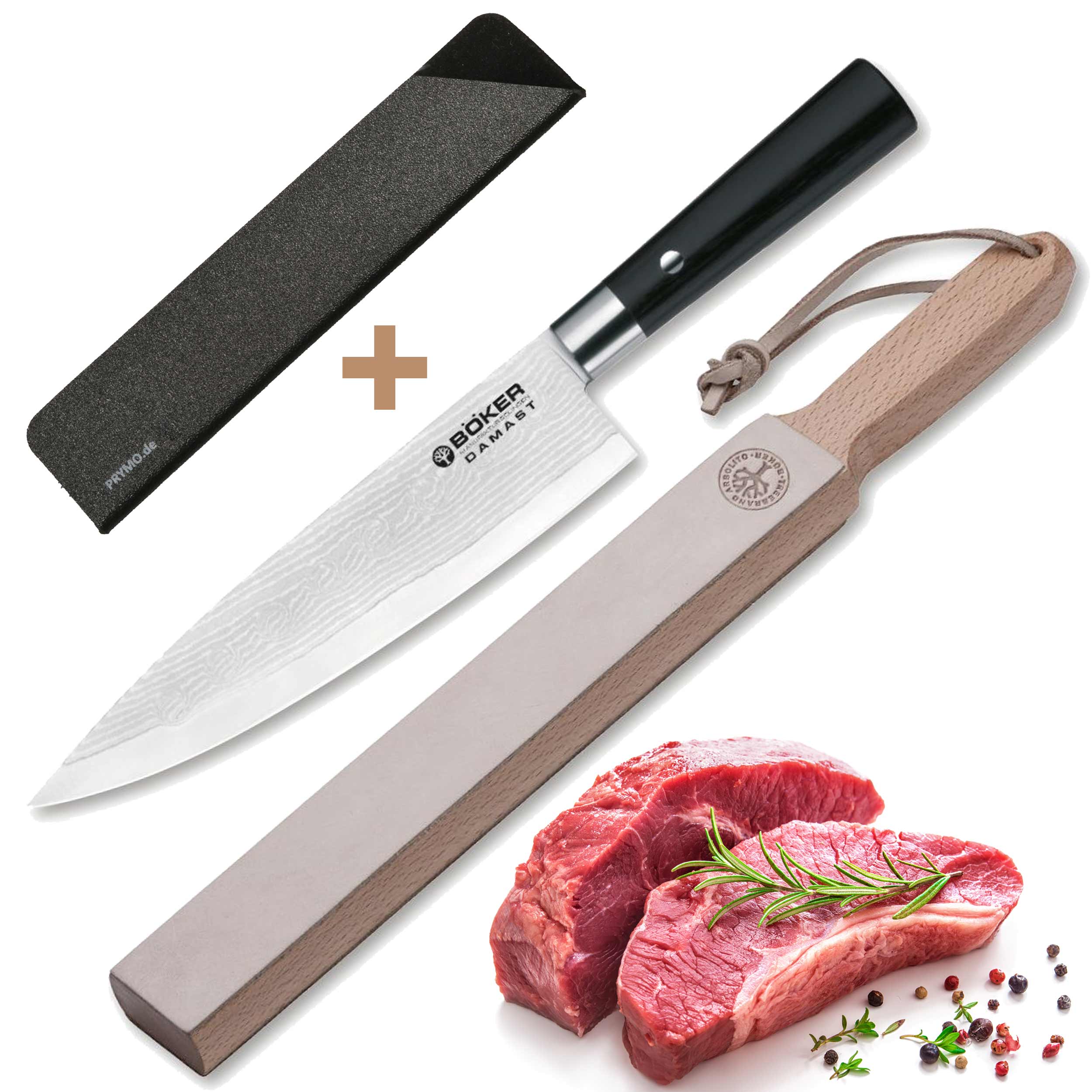 Böker Damast Black Kochmesser mit Streichriemen
